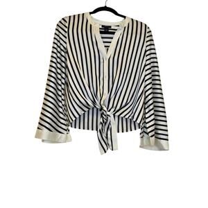 Halogen White & Black Satiny Striped Tie-Front Slit Bell Sleeve Blouse Top | S